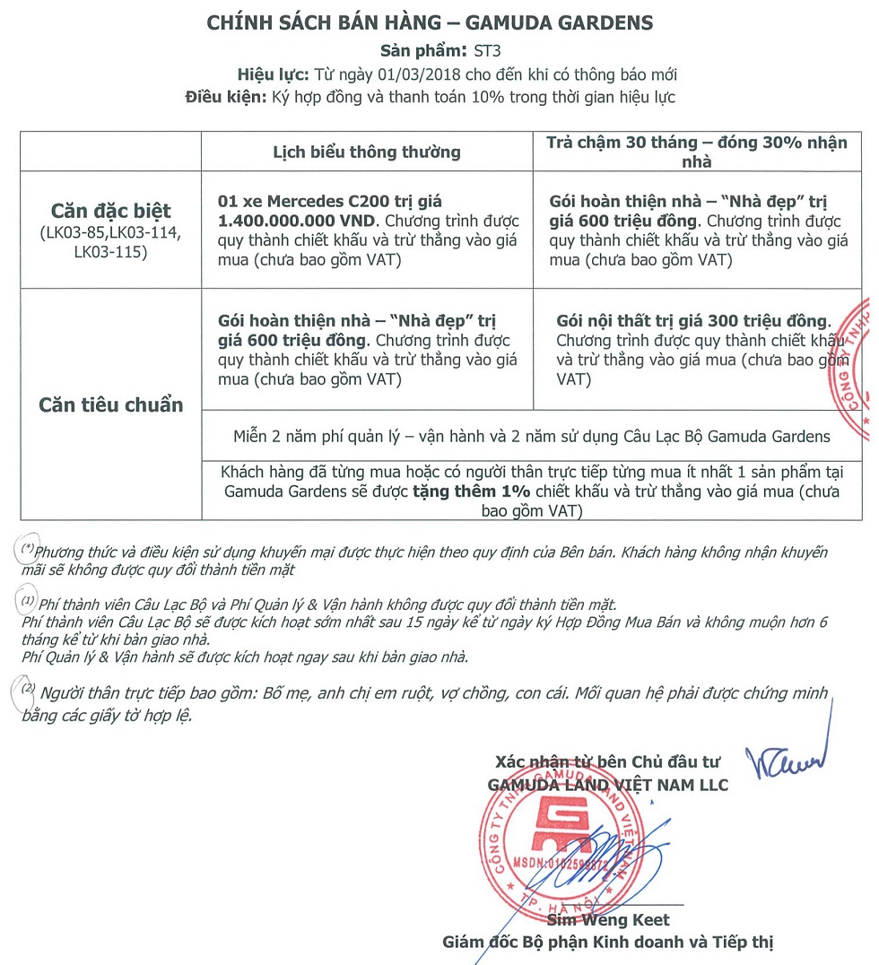 Chính sách liền kề ST3 Gamuda Gardens Chính sách liền kề ST3 Gamuda Gardens