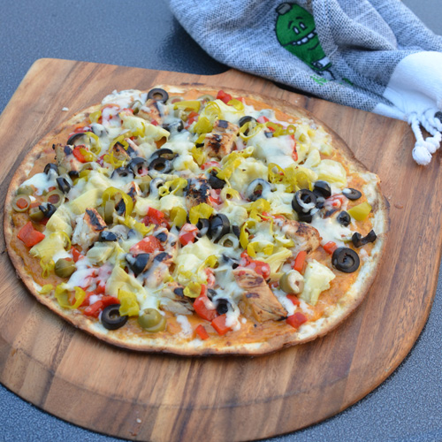 Antipasto flatbread pizza from the Big Green Egg kamado grill