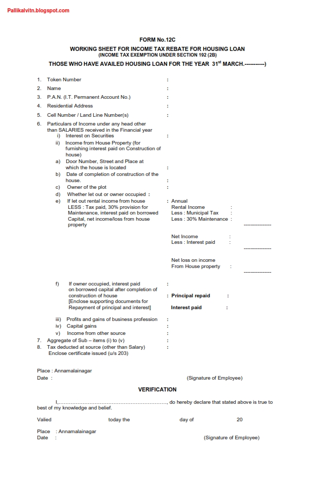 Income Tax Rebate For Housing Loan Form No 12C Pallikalvi Teachers News