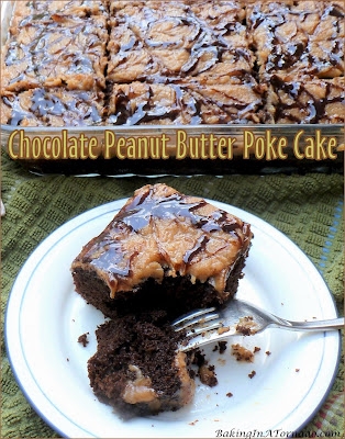 Chocolate Peanut Butter Poke Cake, peanut butter infused Devil’s Food cake, filled and topped with a dense peanut butter frosting. | recipe developed by www.BakingInATornado.com | #recipe #dessert