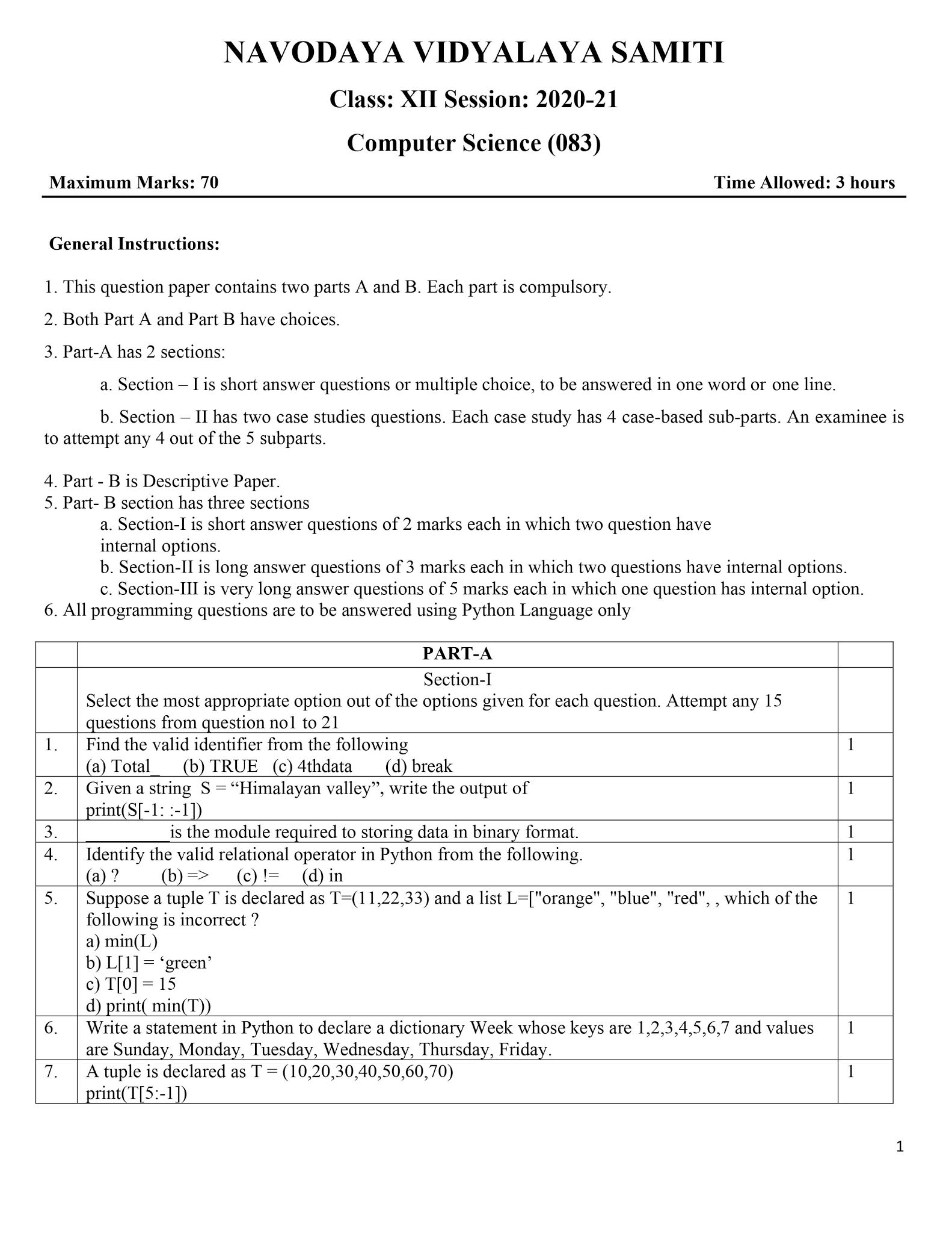 COMPUTER SCIENCE WITH PYTHON Sample Paper Computer Science of Class