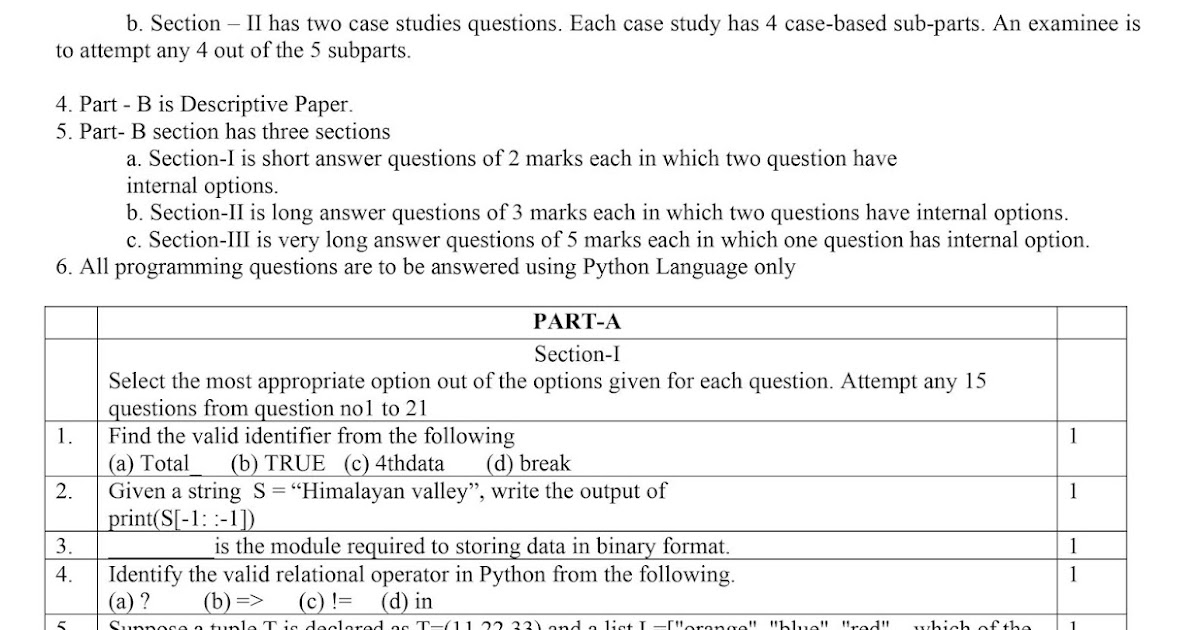 Sample Paper Computer Science of Class XII for Session 2020-21