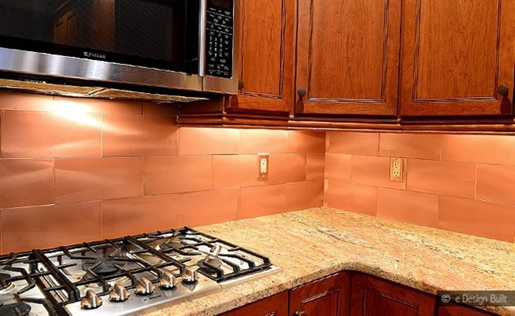 Simple Kitchen With Copper Backsplash for Large Space