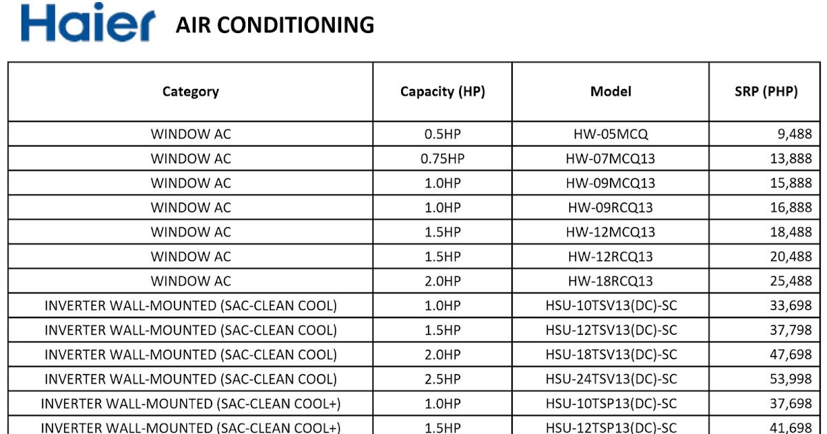 HAIER AIRCON PRICE LIST