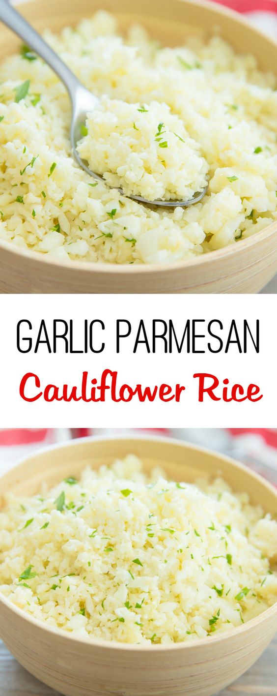 Cauliflower rice is cooked with a garlic butter sauce and Parmesan cheese for a low carb, gluten free, delicious and easy dish.