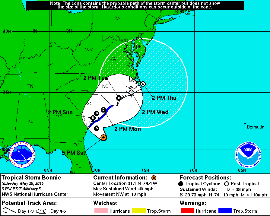 National Hurricane Center Tropical Storm Bonnie Projected Path Update