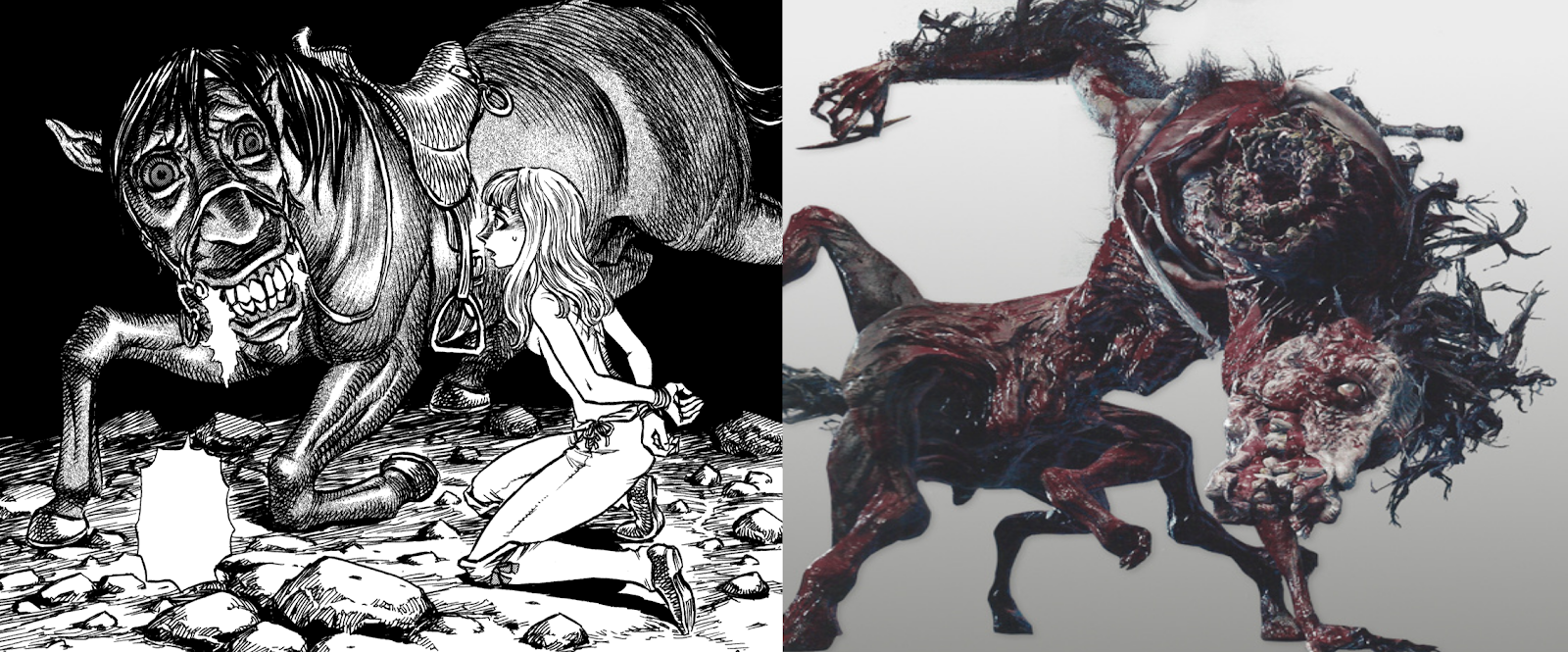 Berserk's horse demon and Bloodborne's Ludwig the Accursed.