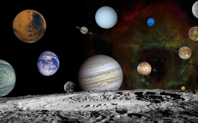 Монтаж из снимков планет Солнечной системы и четырех спутников Юпитера, сделанных американскими космическими аппаратами «Вояджер». Credit: NASA