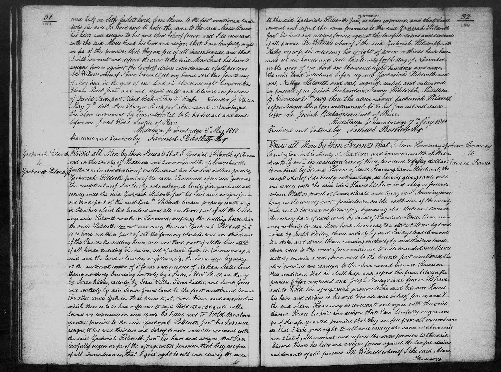 GeneaMusings Amanuensis Monday 1809 Deed of Zachariah Hildreth to