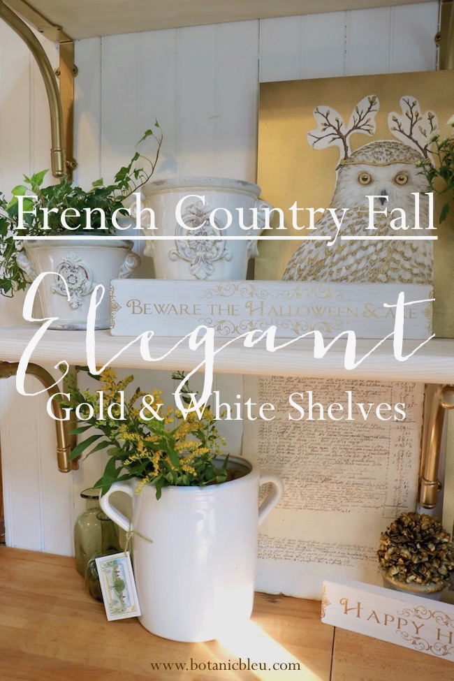 Add elegant French Country style to open shelves by using gold and white fall decor