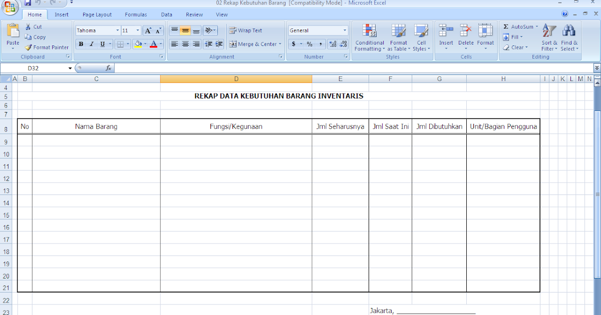 Format rekap kebutuhan barang inventaris di sekolah