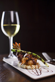 BBQ Pecan-Bacon Wrapped Shrimp: Aged Smoked Cheddar Grits,  Candied Onion Shoot