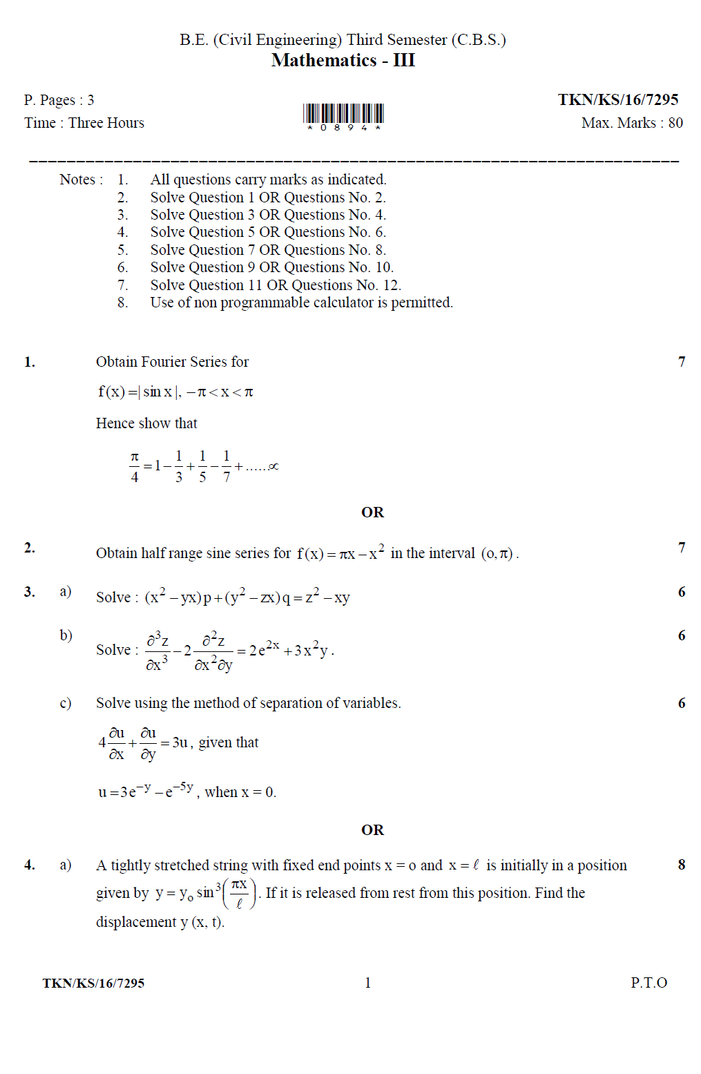 RTMNU 3rd Semester B.E Civil Mathematics III 2016 Question Paper