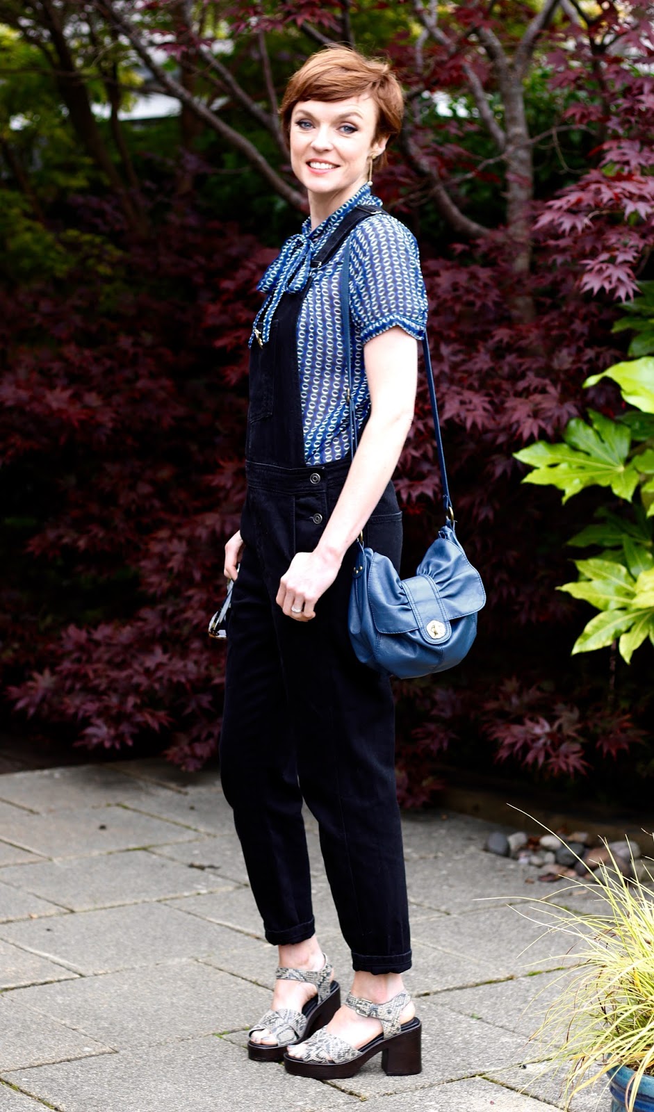 Fake Fabulous | Black denim Topshop dungarees, tie neck blouse and chunky Vagabond heels, over 40.