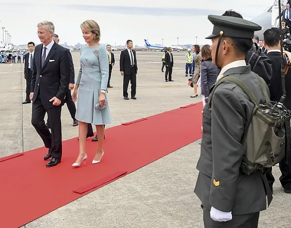 Belgian King Philippe and Queen Mathilde arrive at the Tokyo International Airport, Queen Mathilde wore dress