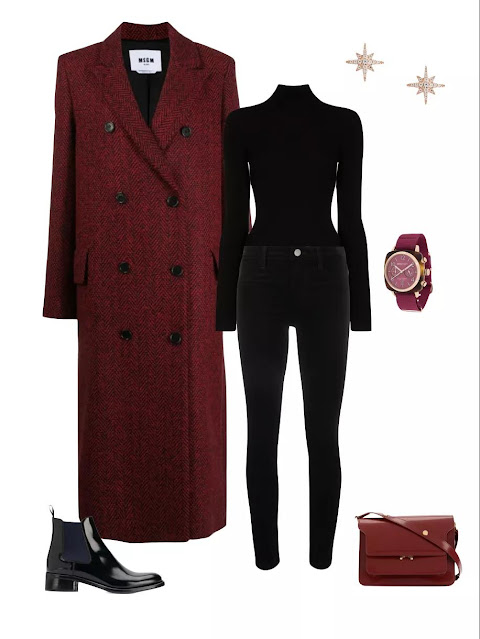 The red double-breasted coat and balck pants.