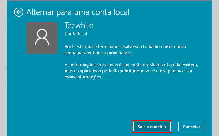 Alternando para conta local - Windows 10