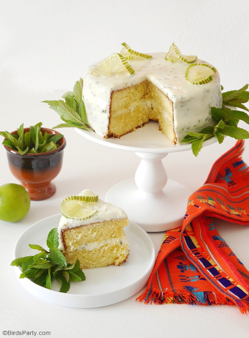 My Mojito Cake Recipe - learn to make a tasty Mojito flavored cake with cream cheese frosting for Cinco de Mayo or Mexican wedding or fiesta! by BirdsParty.com @BirdsParty