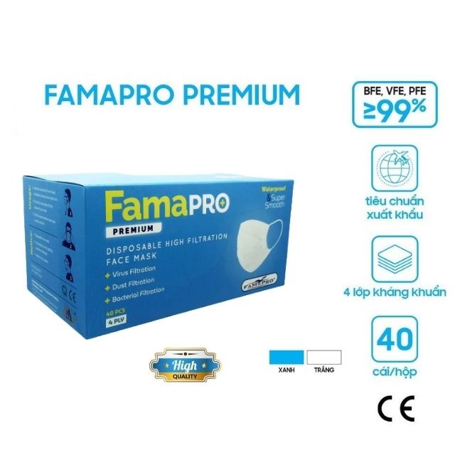Khẩu trang y tế cao cấp 4 lớp kháng khuẩn Famapro Premium hàng xuất khẩu Châu Âu ( 40 cái/ hộp )