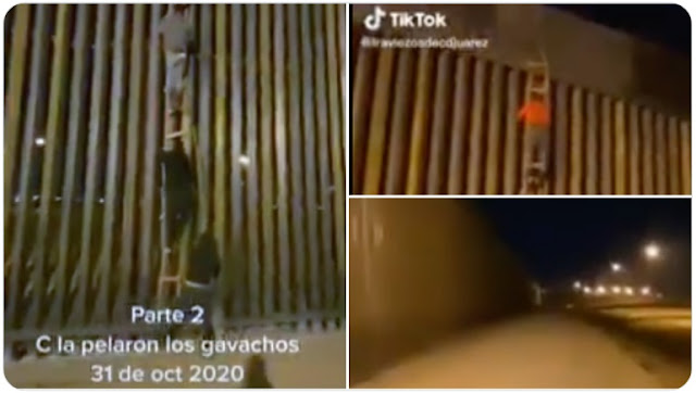 VIDEO- Así es como cruzan el super muro de Donald Trump de millones de dólares "arre, arre, vámonos no viene nada, mientras suben una simple escalera y lo suben al Tik Tok