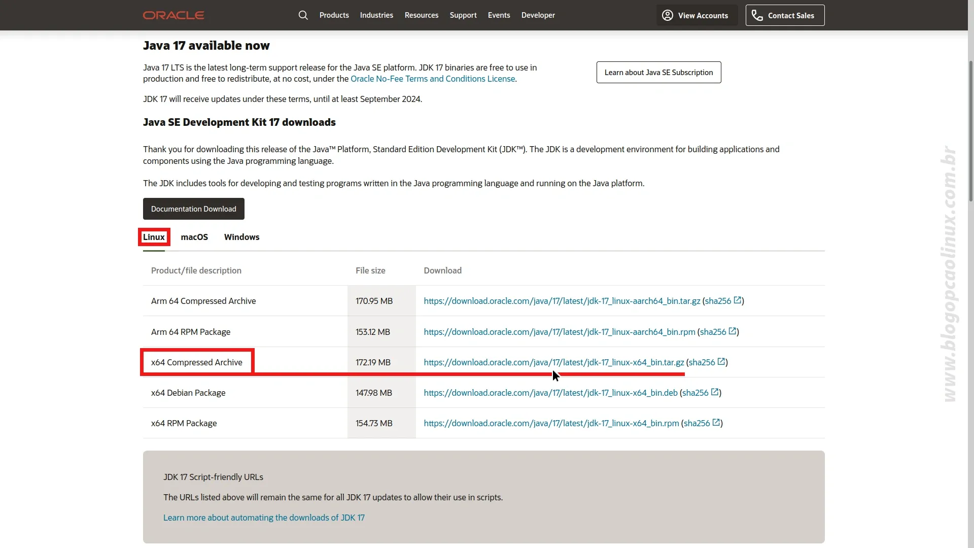 Página de download do Oracle Java SE Development Kit em setembro de 2021