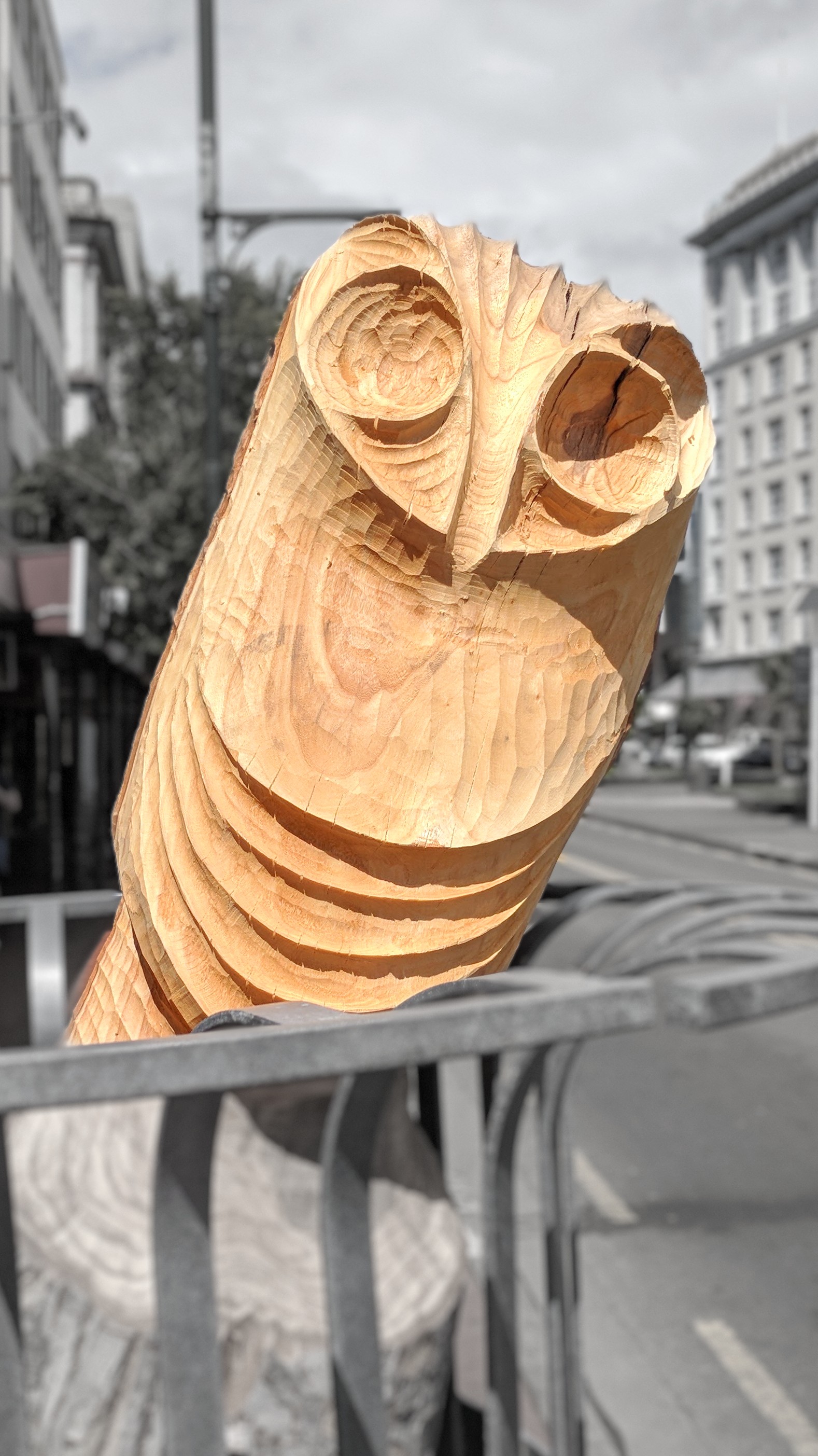 Wooden Owl sculpture in a city bin