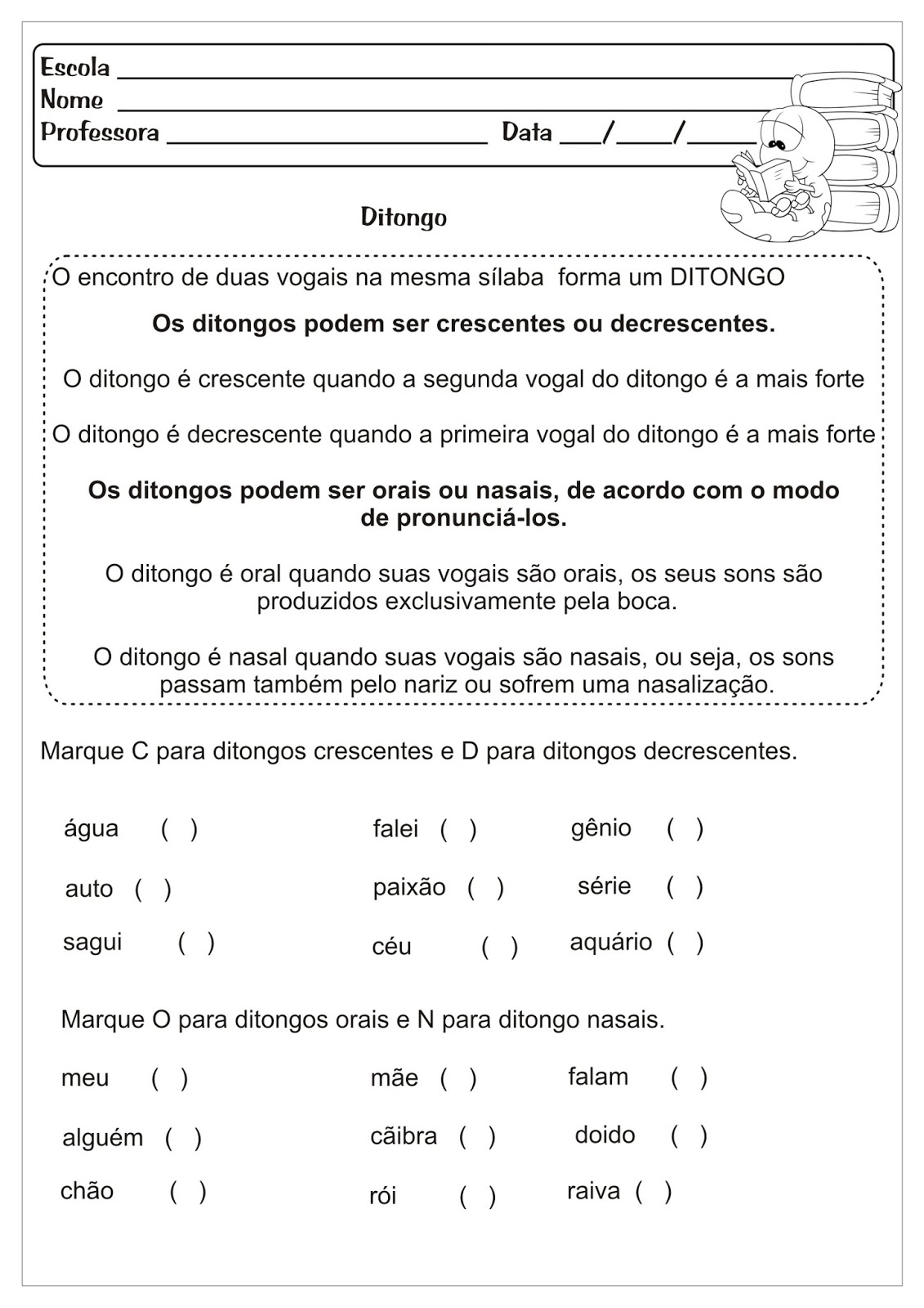 Atividades Educativas Ditongo Tritongo e Hiato Língua Portuguesa para Ensino Fundamental
