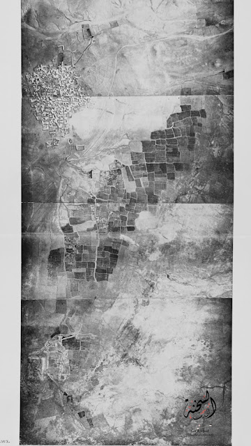 صورة جوية لمدينة السخنة عام 1934 تبين التجمع السكني للبيوت وكذلك تبين الأراضي المروية والينابيع فيها