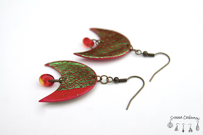 Boucles oreilles pâte polymère feuilles métalliques vertes rouge Stenna Création