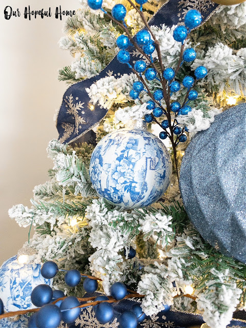 flocked Christmas tree blue ribbon blue berries chinoiserie ball ornament