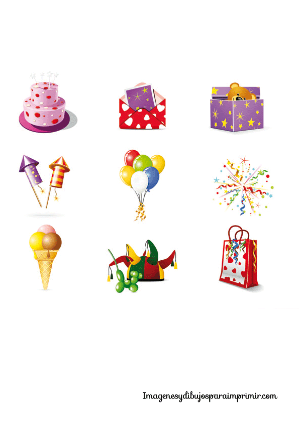 Tartas de cumpleaños, regalos, globos para tarjetas
