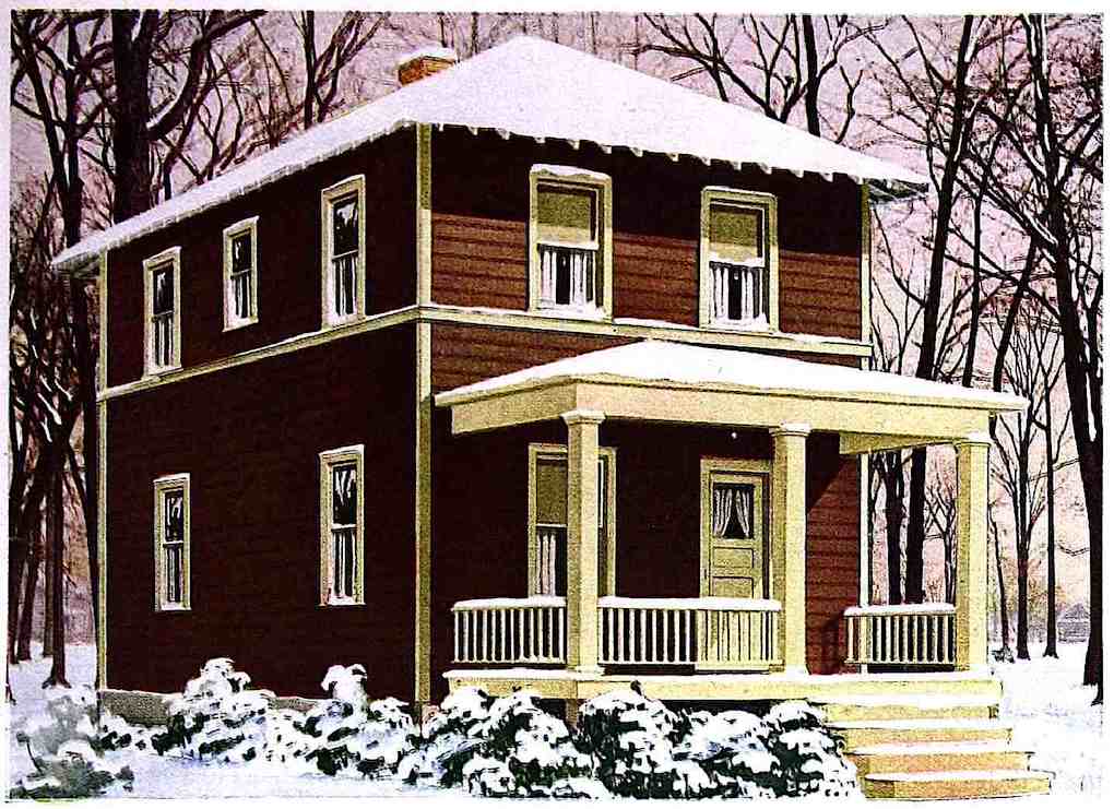 1933 home exterior a 1933 home exterior in winter, color illustration, brown and purple