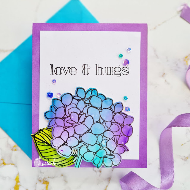 Ellen Hutson's Mondo Hydrangea stamp, ALCOHOL INKS WITH STAMPS AND HEAT EMBOSSING, Alcohol inks card, Simon says floral card, Floral card, Hydrangea card, Blue and purple card, Clean and simple card, Quillish, Video tutorial