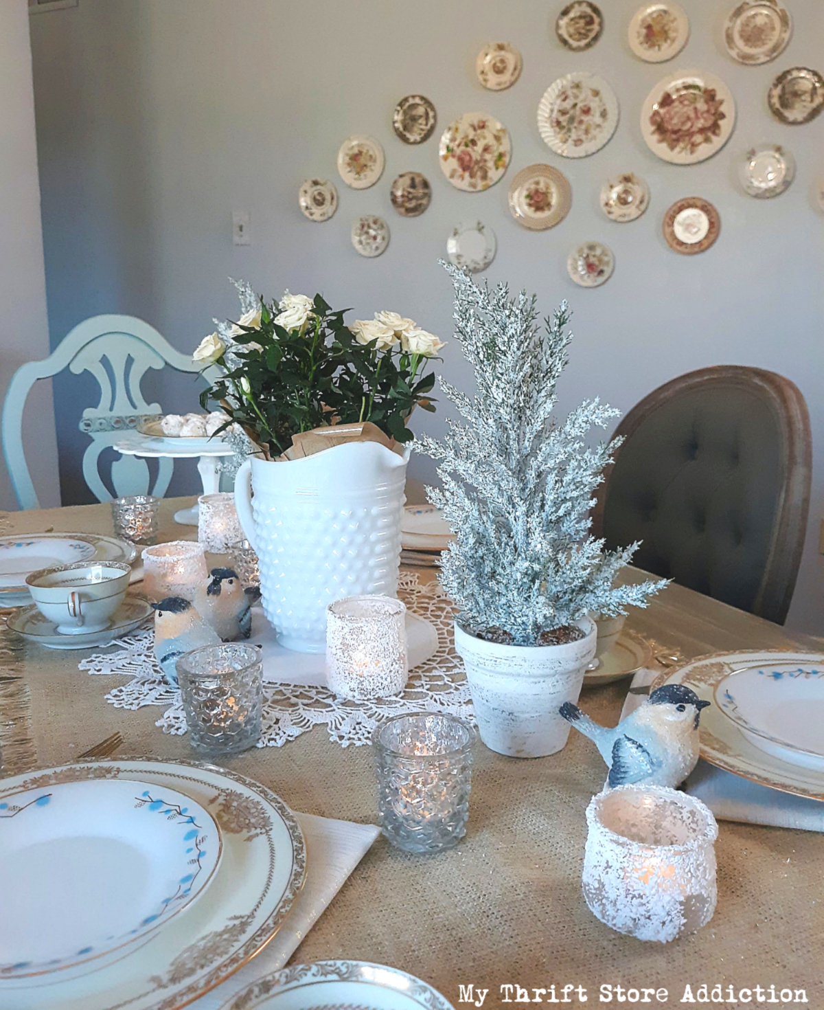 milk glass and metallic winter tablescape