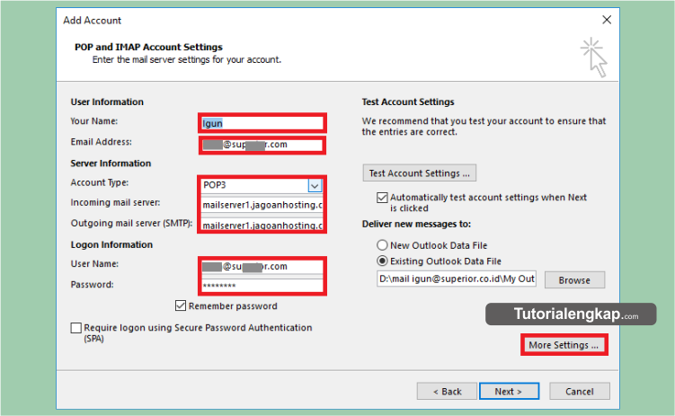tutorialengkap, tutorial lengkap, Cara Mudah Memasang dan Konfigurasi Email Pada Outlook, cara setting port SSL dan TLS pada Email outlook, cara memasang email perusahaan pada outlook, how to setup email in outlook, cara setting sustom email pada outlook