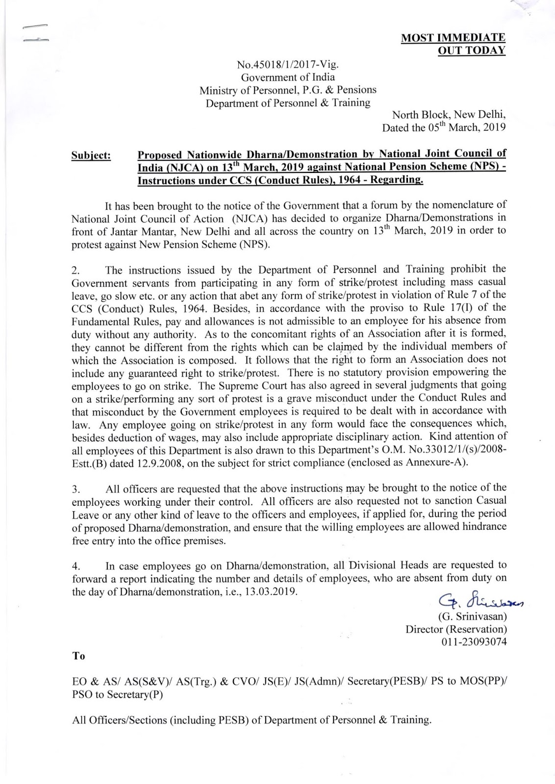 Central Government Employees DOP&t orders