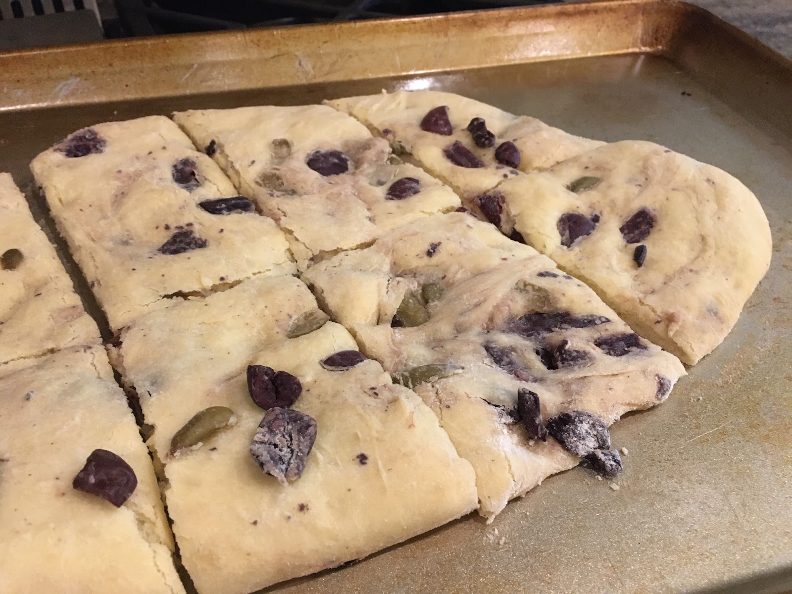 pass the peas, please olive focaccia bread