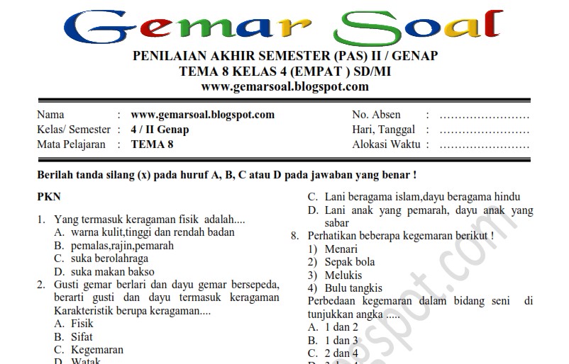 soal kelas 6 tema 8 soal kelas 6 tema 8