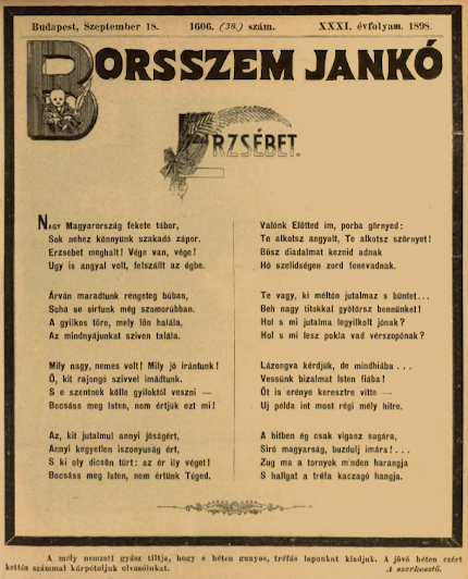 Presse hongroise poème élégiaque Erzsébet (l'impératrice Élisabeth) dans Borsszem Jankó septembre 1898