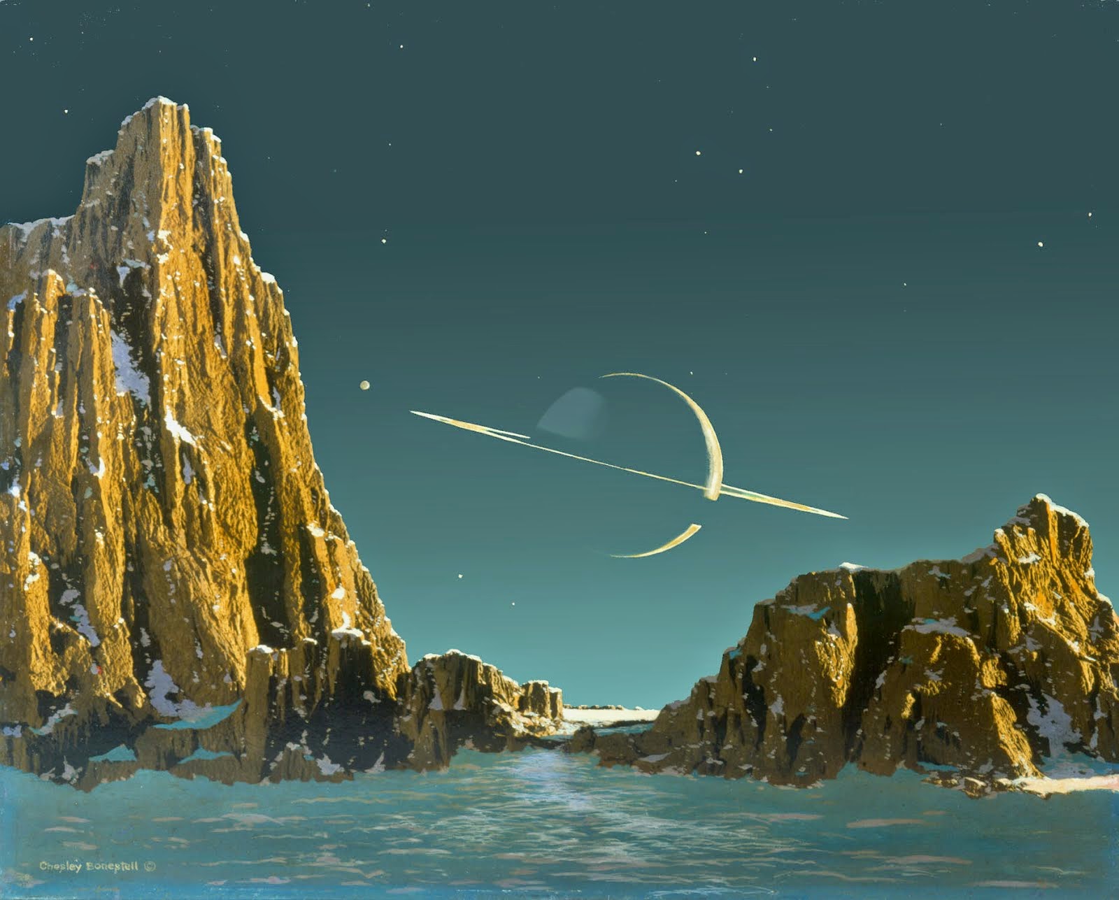 Saturn as seen from Titan, painting by Chesley Bonestell