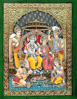 Rama-Seeta With Hanuman In Durbar- Watercolor On Board