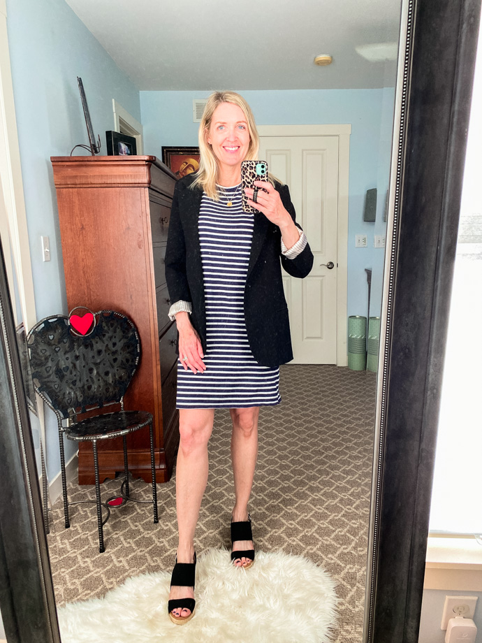 striped t-shirt dress + black blazer + wedge sandals for the office