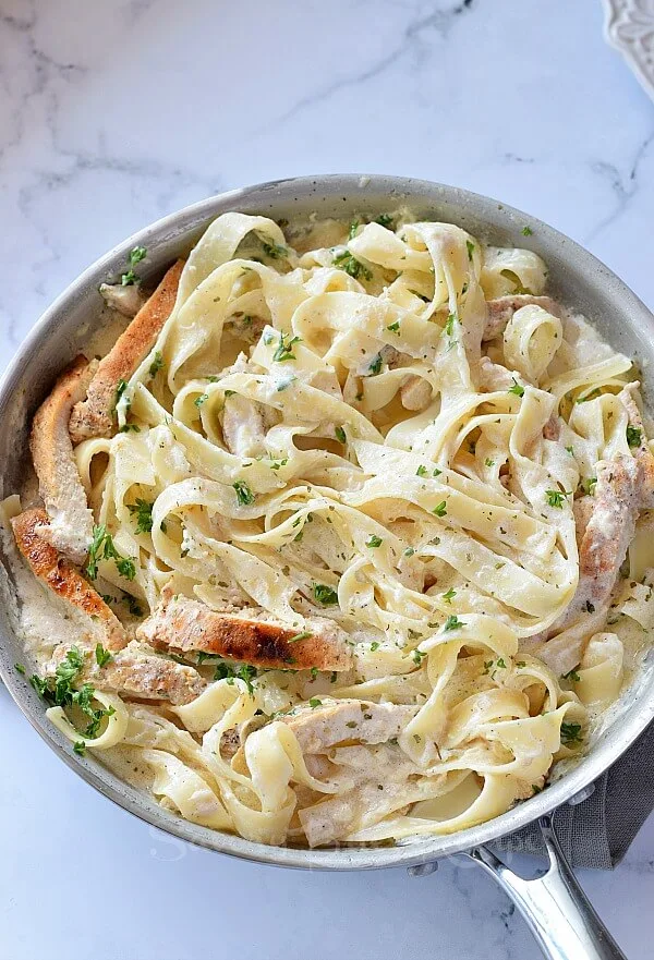 top view of a pan with best chicken alfredo