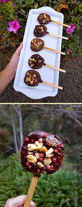 Pirulitos de maçã com chocolate meio amargo