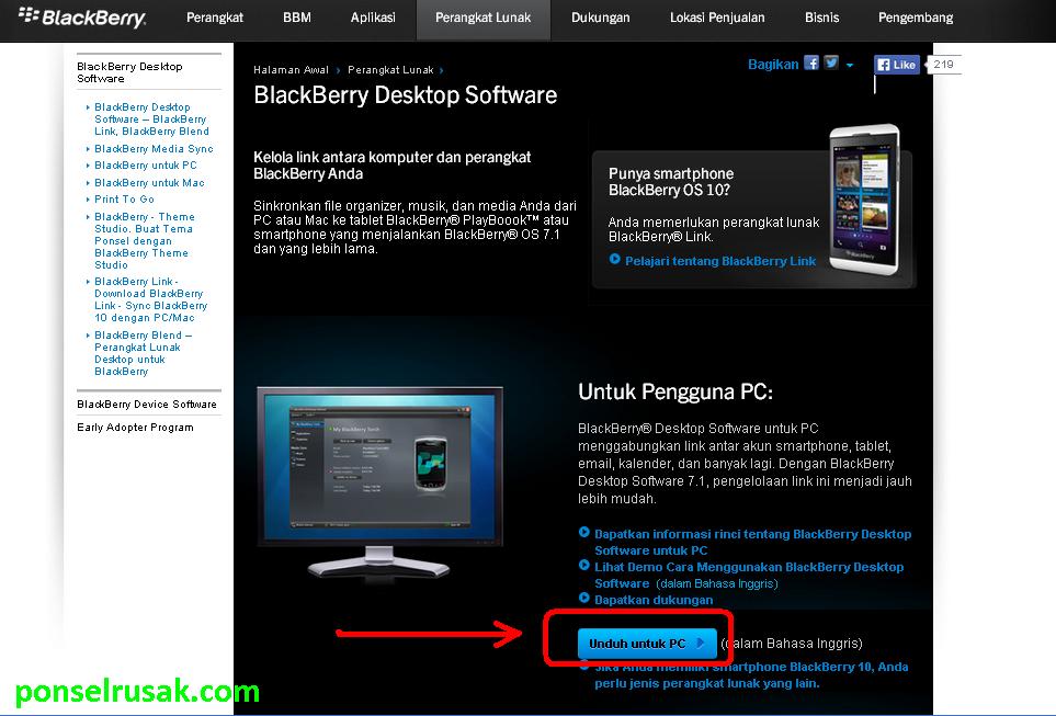 Website official buat download PC Suite untuk Blackberry.