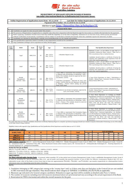 RECRUITMENT OF SPECIALIST OFFICERS IN BANK OF BARODA December 2018