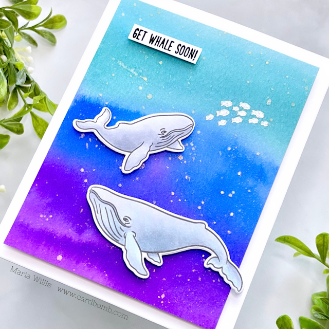 Cardbomb, Maria Willis, Tonic Studios,Tonic Studios Stamp Club,Whales, cards, cardmaking, stamps, ink, paper, papercraft, die cutting, art, color, watercolor, ocean, heat embossing, nuvo