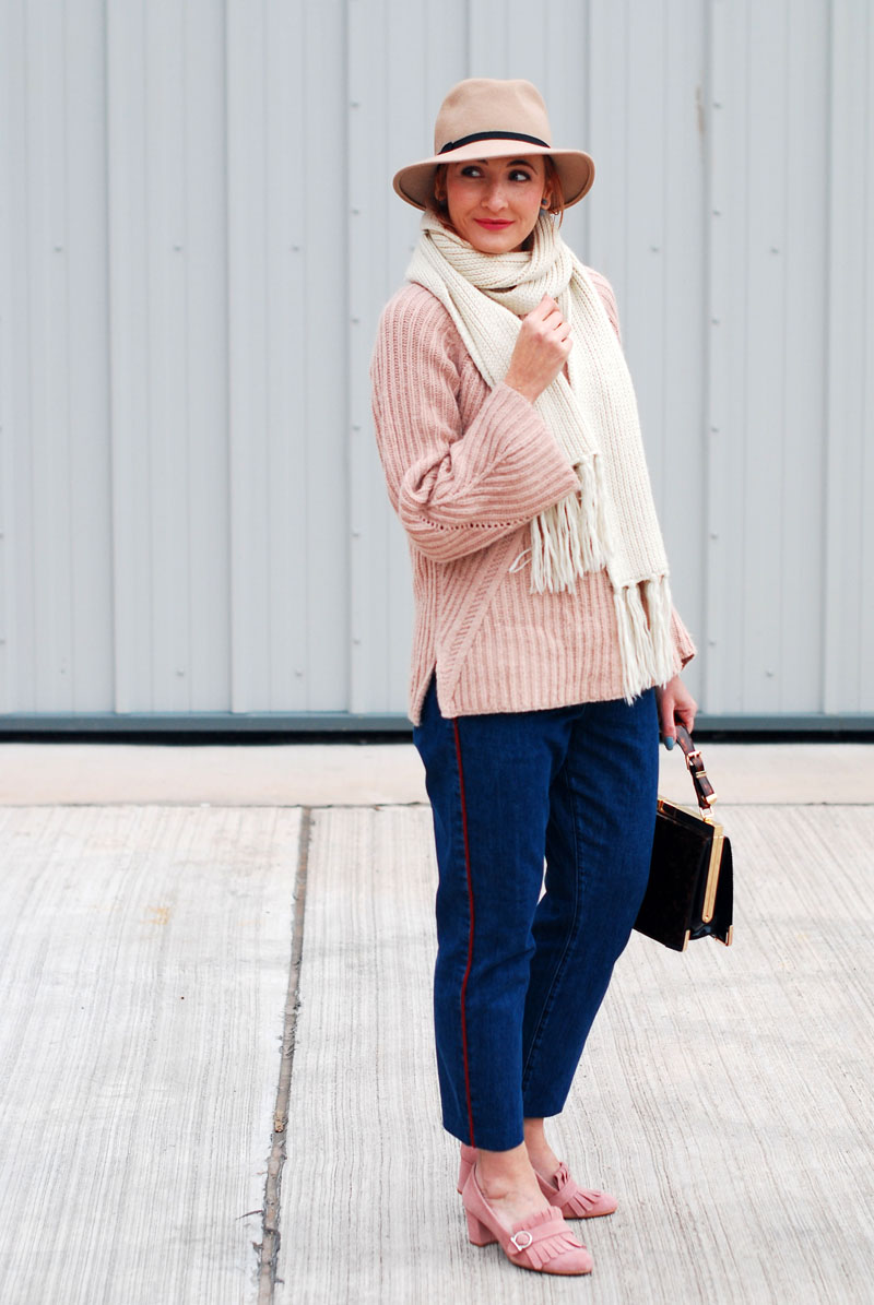 Casual autumn/fall outfit - Blush pink cable knit sweater, peg leg jeans, camel fedora, Gucci-inspired pink fringed block heel loafers, tortoiseshell handbag | Not Dressed As Lamb, over 40 style blog