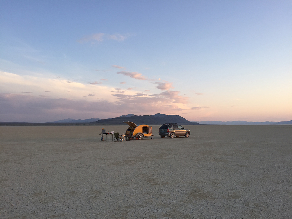 Tiny Yellow Teardrop Desert Hot Springs and Playa Camping