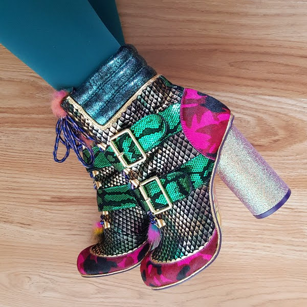 bright coloured ankle boots worn with green tights